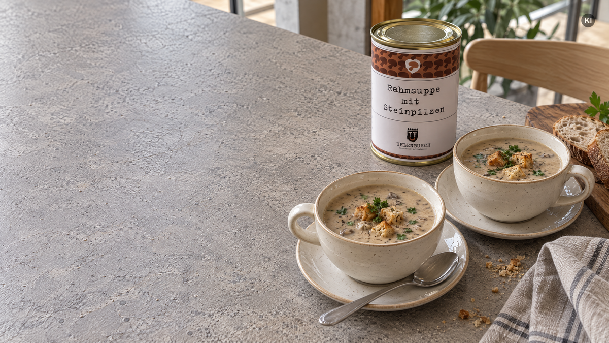 Zwei Tassen cremige Steinpilzsuppe mit Croûtons neben einer Uhlenbusch-Dose auf einem hellen Cafétisch (AI Generated)