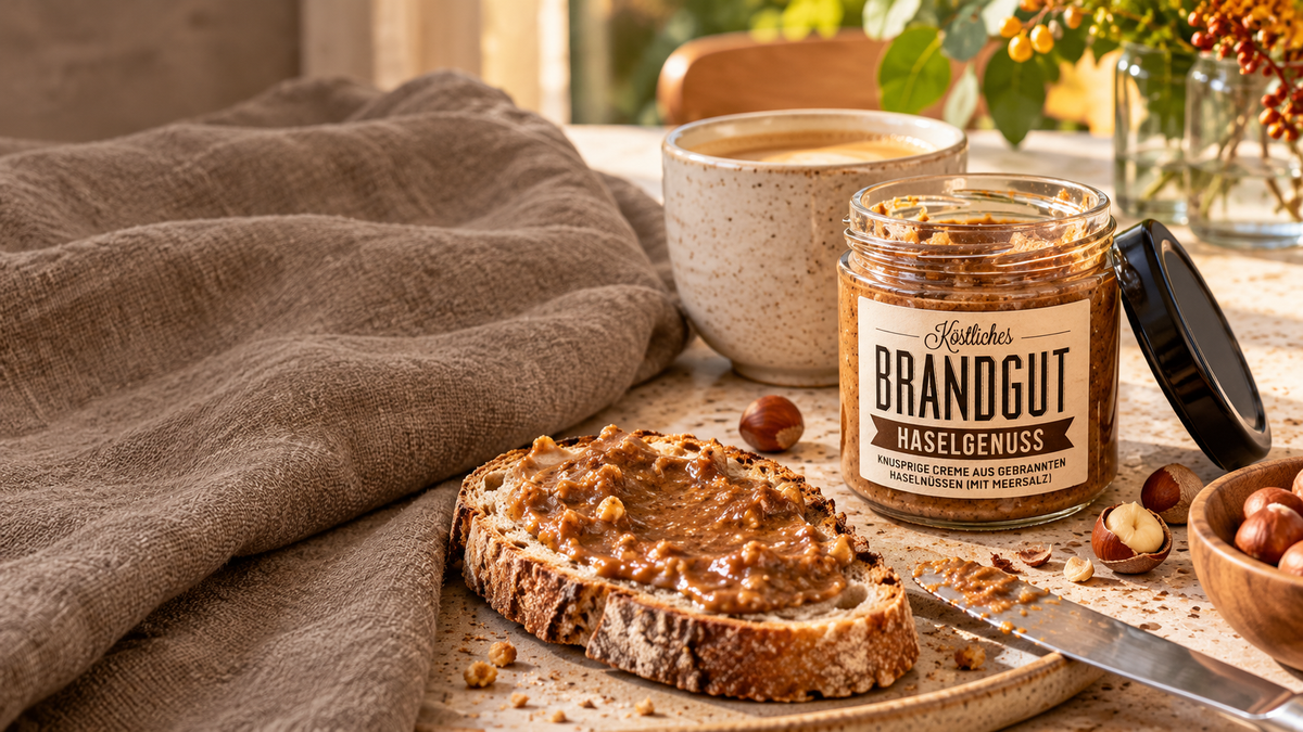 Brot mit knuspriger Haselnusscreme neben einem geöffneten Brandgut-Haselgenuss-Glas und einer Tasse Kaffee beim Herbstbrunch (AI Generated)