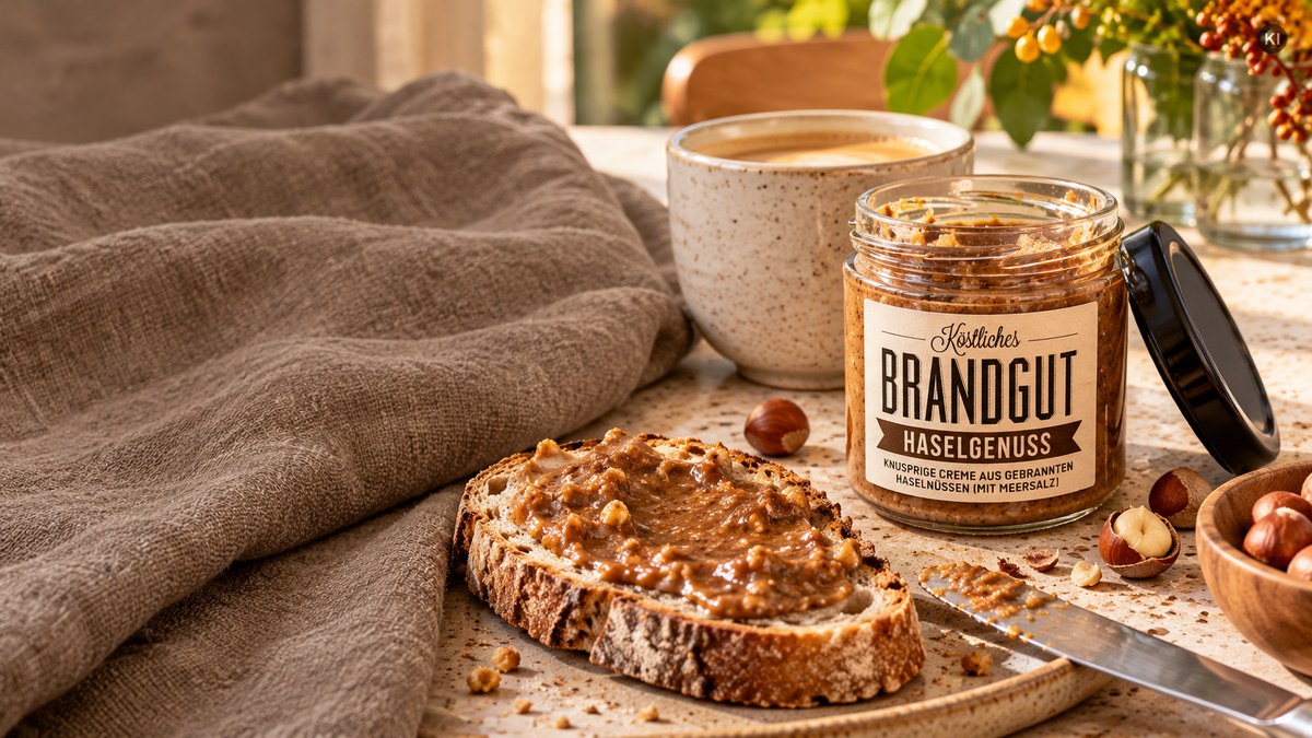 Brot mit knuspriger Haselnusscreme neben einem geöffneten Brandgut-Haselgenuss-Glas und einer Tasse Kaffee beim Herbstbrunch (AI Generated)