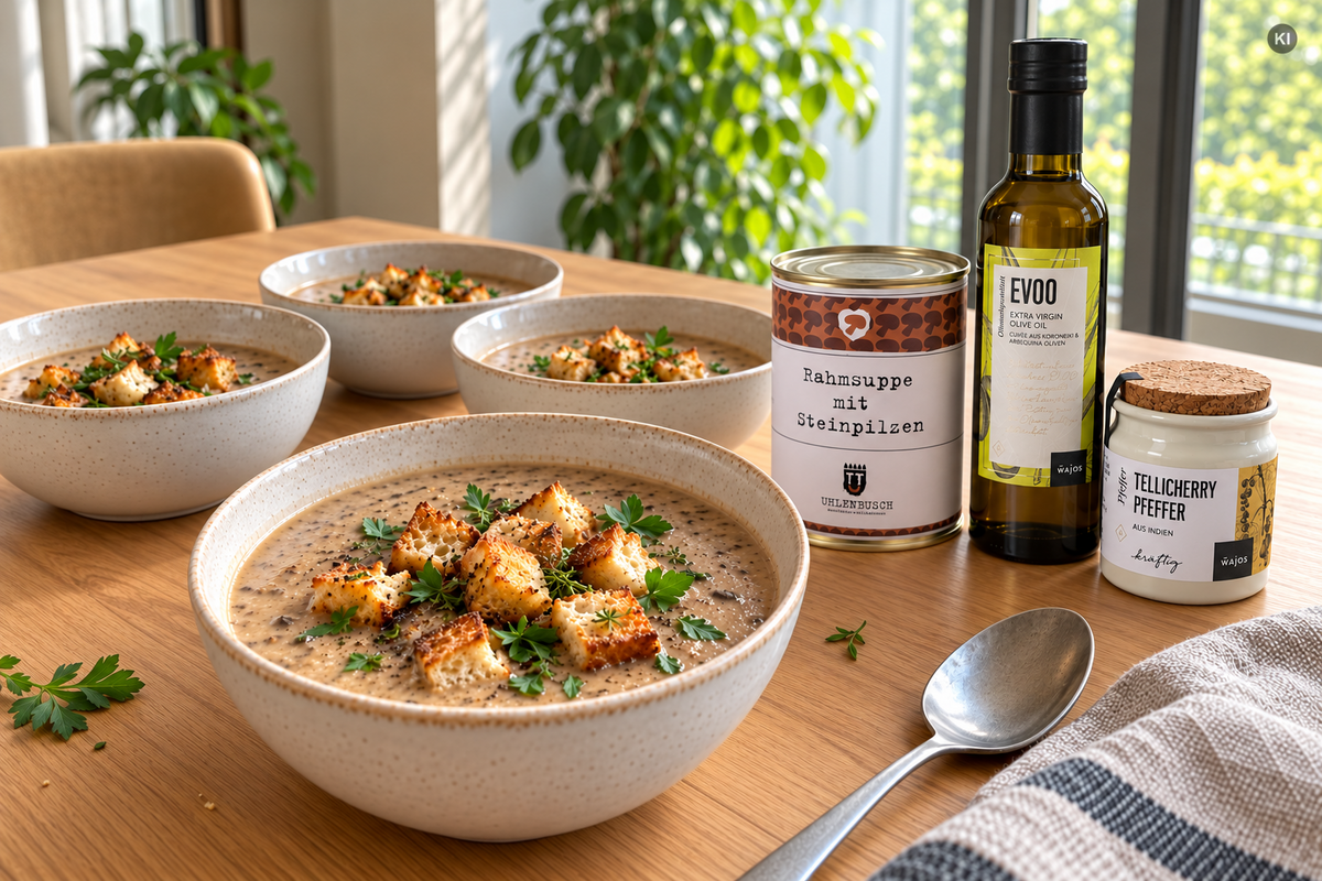 Vier Schalen cremige Steinpilzsuppe mit goldbraunen Thymian-Croûtons und Petersilie neben Uhlenbusch Steinpilzsuppe, Wajos EVOO-Olivenöl und Tellicherry-Pfeffer auf einem hellen Holztisch (AI Generated)