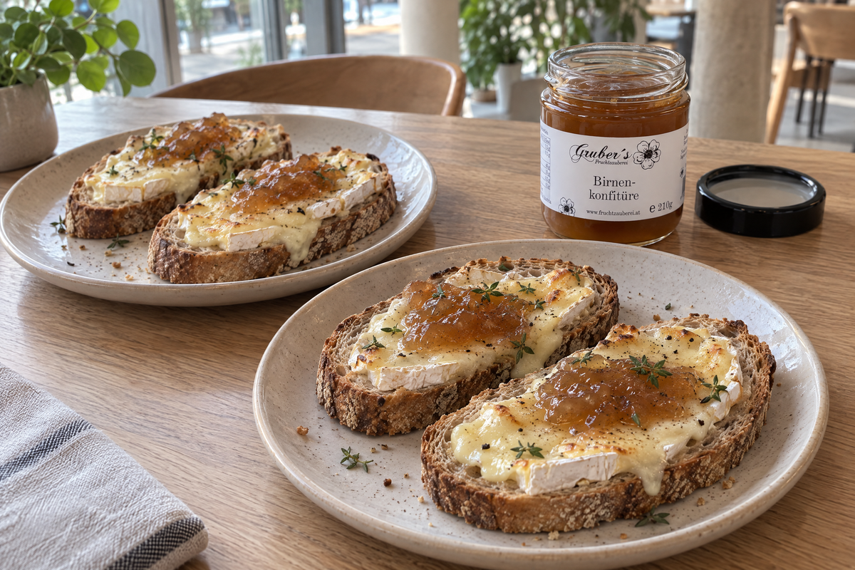 Zwei Teller mit je zwei überbackenen Mischbrotscheiben mit Brie, Birnenkonfitüre und Thymian, daneben das geöffnete Gruber-Glas und sein schwarzer Deckel auf einem hellen Holztisch (AI Generated)