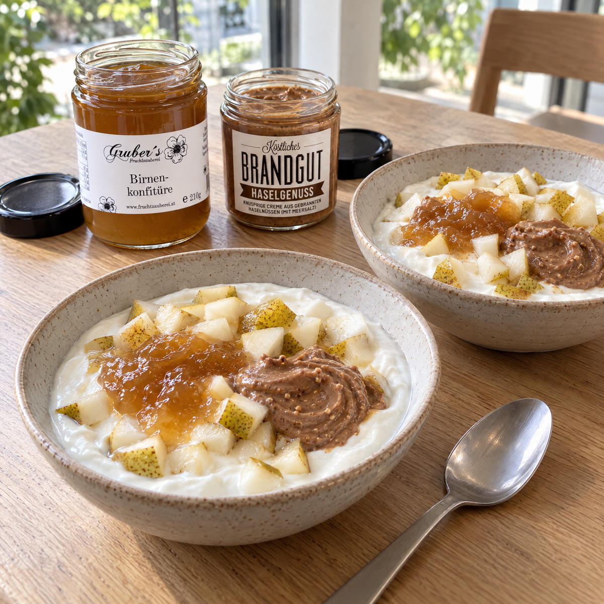 Zwei helle Schalen Joghurt-Quark mit Birnenwürfeln, goldbrauner Birnenkonfitüre und Haselgenuss-Creme; daneben die geöffneten Gläser von Gruber und Brandgut auf einem Holztisch vor Glas und Grün (AI Generated)