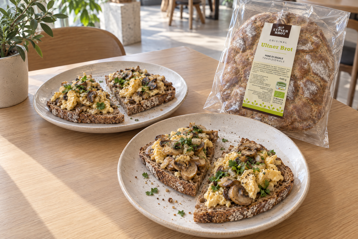 Zwei Teller mit je zwei flachen Roggenbrotstücken, belegt mit gestocktem Rührei, gebratenen Champignons und Petersilie, daneben die Packung Original Ultner Brot auf einem hellen Holztisch (AI Generated)