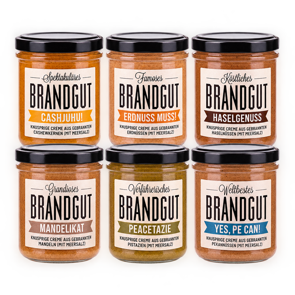 Brandgut Probierpaket mit Cashjuhu, Erdnuss Muss, Haselgenuss, Mandelikat, Peacetazie und Yes, Pe Can