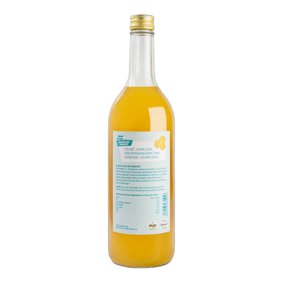 inge Ingwersirup 0,7 l Flasche, Rückseite mit Zutaten