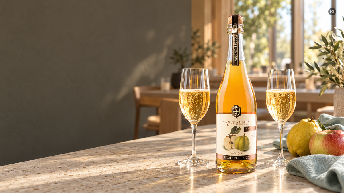 Van Nahmen Apfel-Quitten-Fruchtsecco mit zwei gefüllten Gläsern, Apfel und Quitte auf einem hellen Cafétisch (AI Generated)