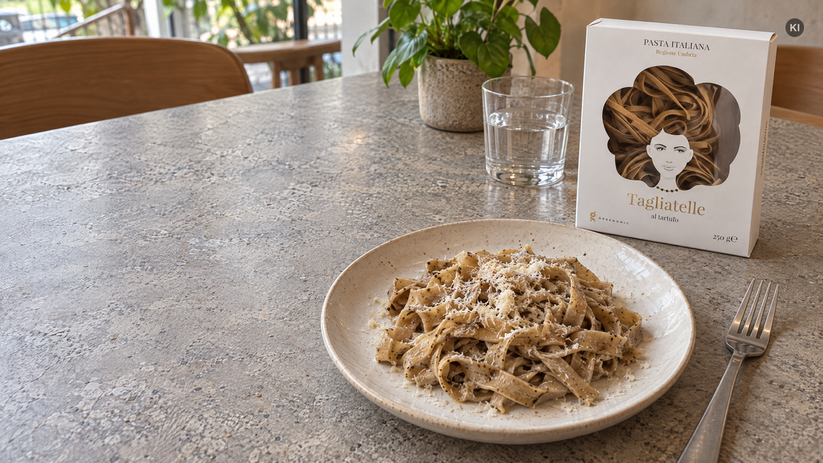Greenomic Tagliatelle al tartufo neben einem Teller Trüffel-Bandnudeln mit Parmesan auf einem hellen Cafétisch (AI Generated)