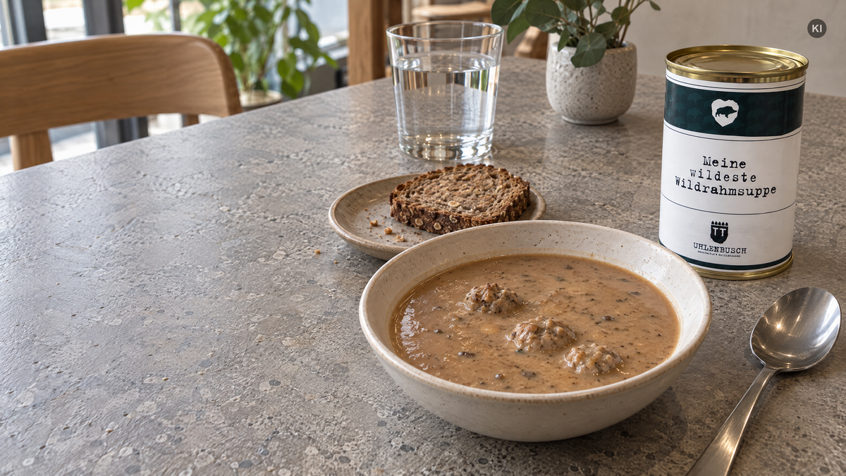 Wildrahmsuppe mit kleinen Rehklößchen, dunklem Brot und originaler Manufaktur-U-Dose auf einem Cafétisch (AI Generated)
