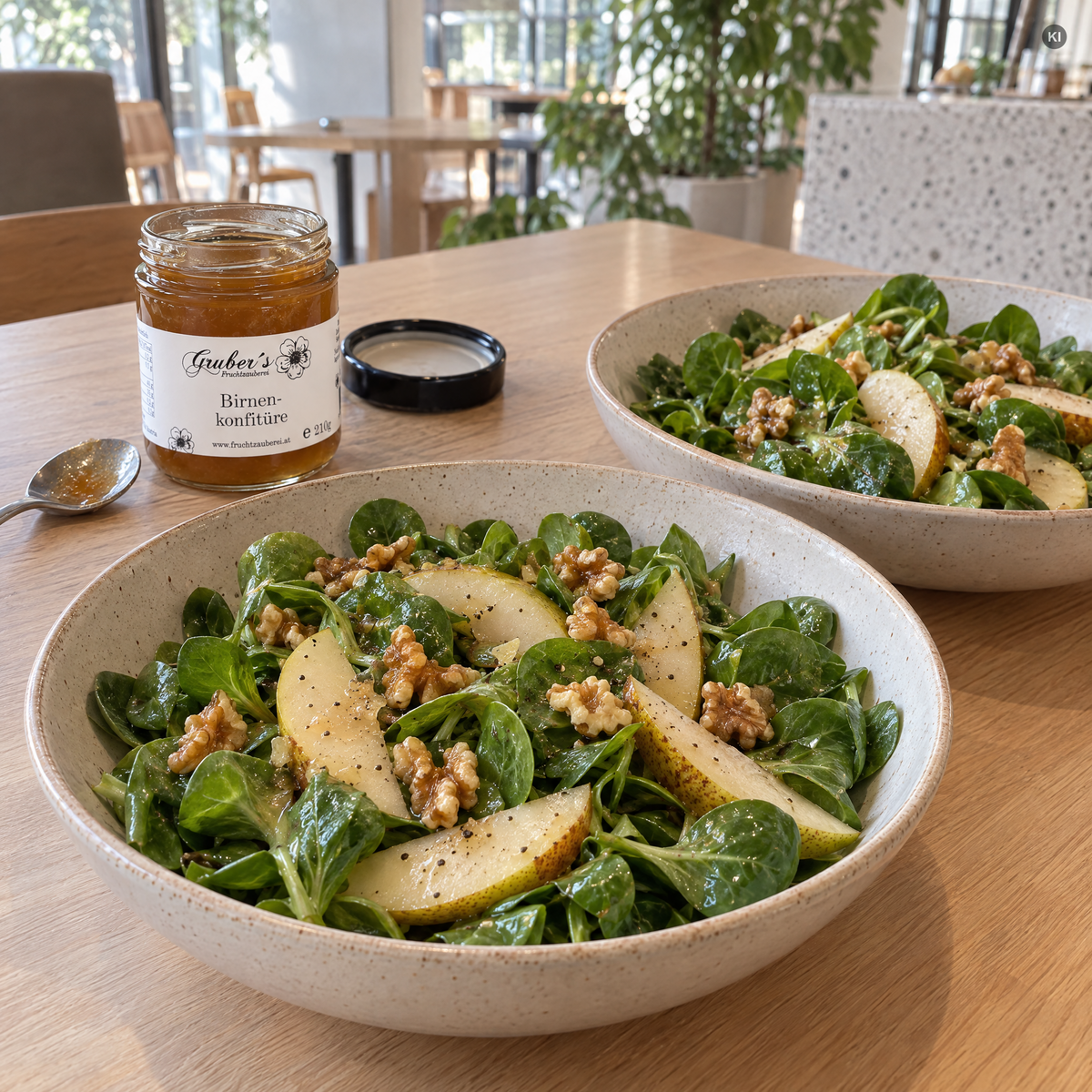 Zwei Schalen Feldsalat mit Birnenspalten, Walnüssen und Birnen-Senf-Dressing, daneben das geöffnete Gruber-Glas, sein schwarzer Deckel und ein kleiner Löffel auf einem hellen Holztisch (AI Generated)