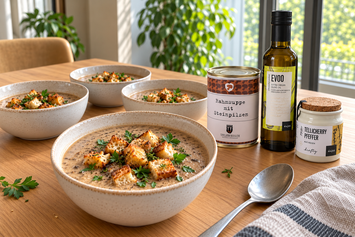 Vier Schalen cremige Steinpilzsuppe mit goldbraunen Thymian-Croûtons und Petersilie neben Uhlenbusch Steinpilzsuppe, Wajos EVOO-Olivenöl und Tellicherry-Pfeffer auf einem hellen Holztisch (AI Generated)