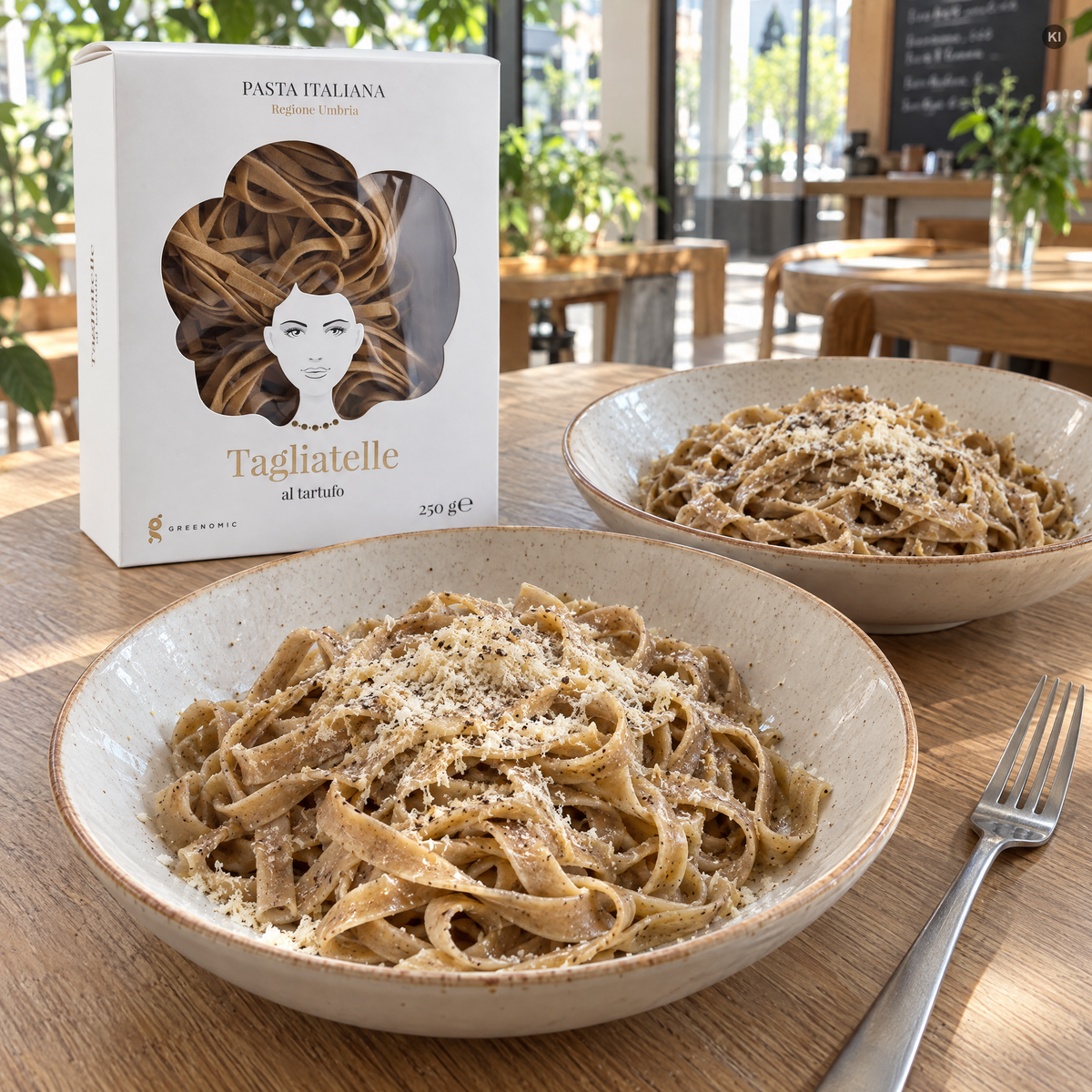 Zwei helle Schalen mit Trüffel-Tagliatelle, Butter, fein geriebenem Parmesan und Pfeffer; daneben die weiße Greenomic-Packung Tagliatelle al tartufo auf einem Holztisch vor Glas und Grün (AI Generated)