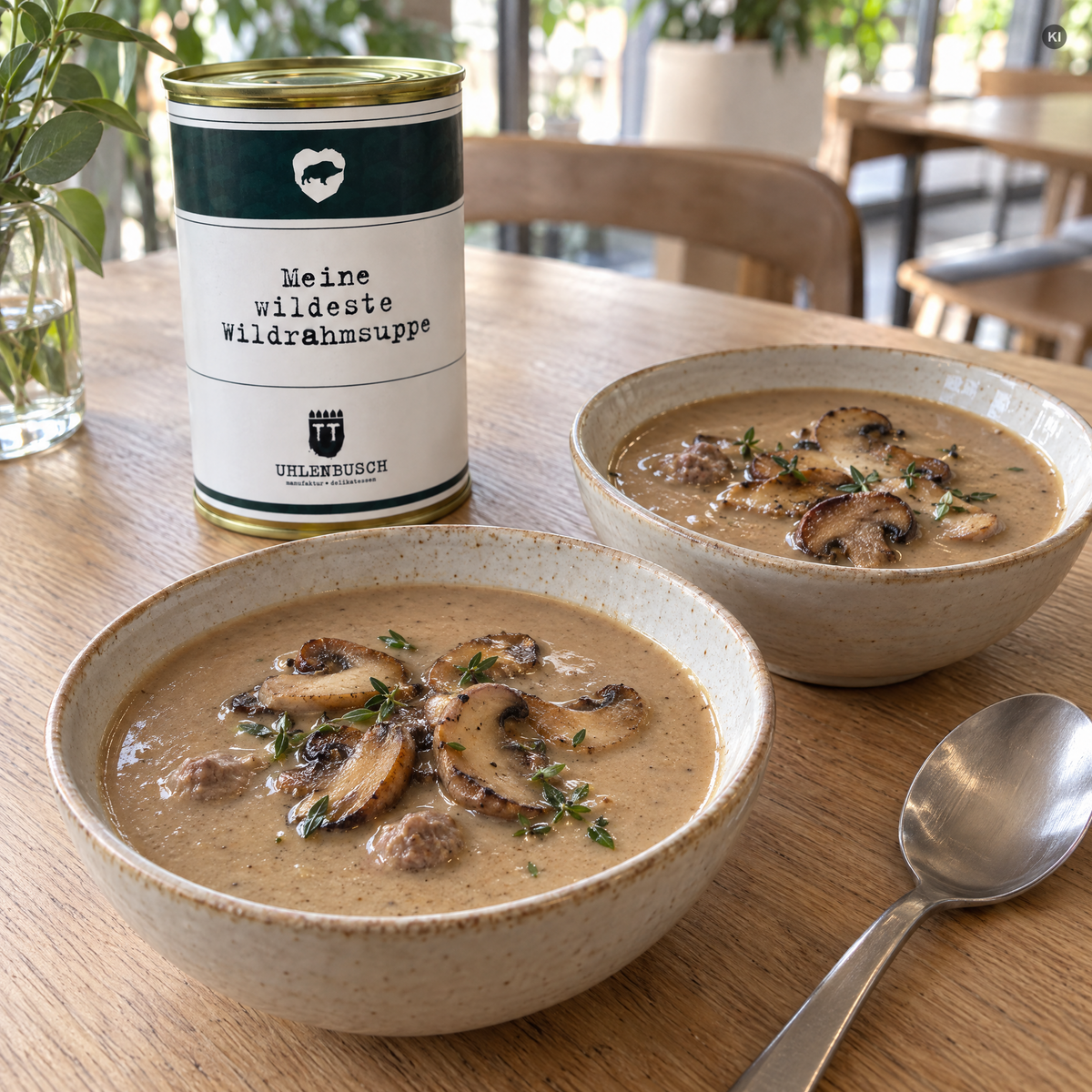 Zwei helle Schalen Wildrahmsuppe mit kleinen Fleischklößchen, gebratenen Champignons und Thymian; daneben die Uhlenbusch-Dose auf einem Holztisch vor Glas und Grün (AI Generated)
