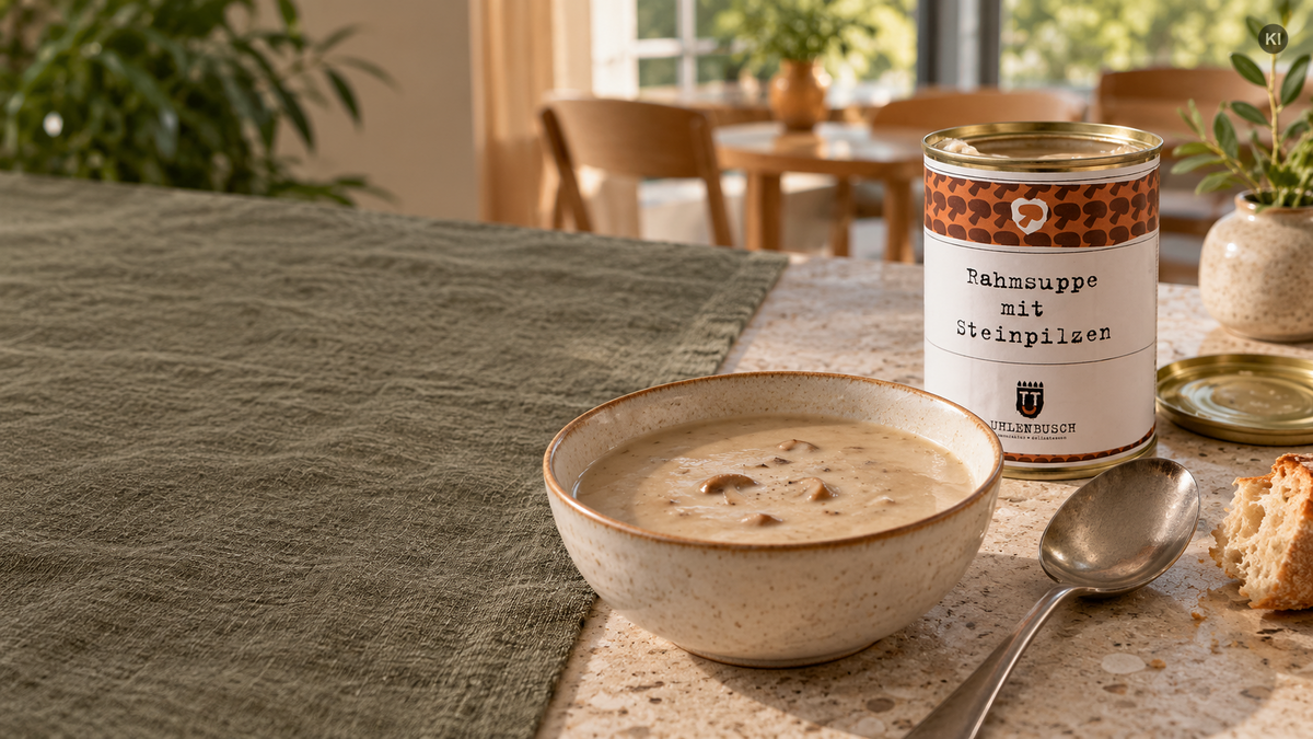 Cremige Steinpilzsuppe mit Brot und der geöffneten Originaldose auf einem gedeckten Tisch in einem hellen Café (AI Generated)