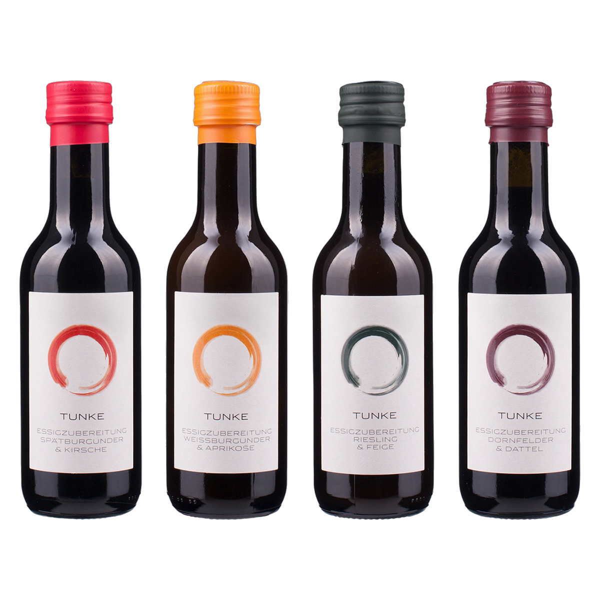 Tunke Set von Lang Weinessig: Spätburgunder & Kirsche, Weißburgunder & Aprikose, Riesling & Feige, Dornfelder & Dattel, je 175 ml