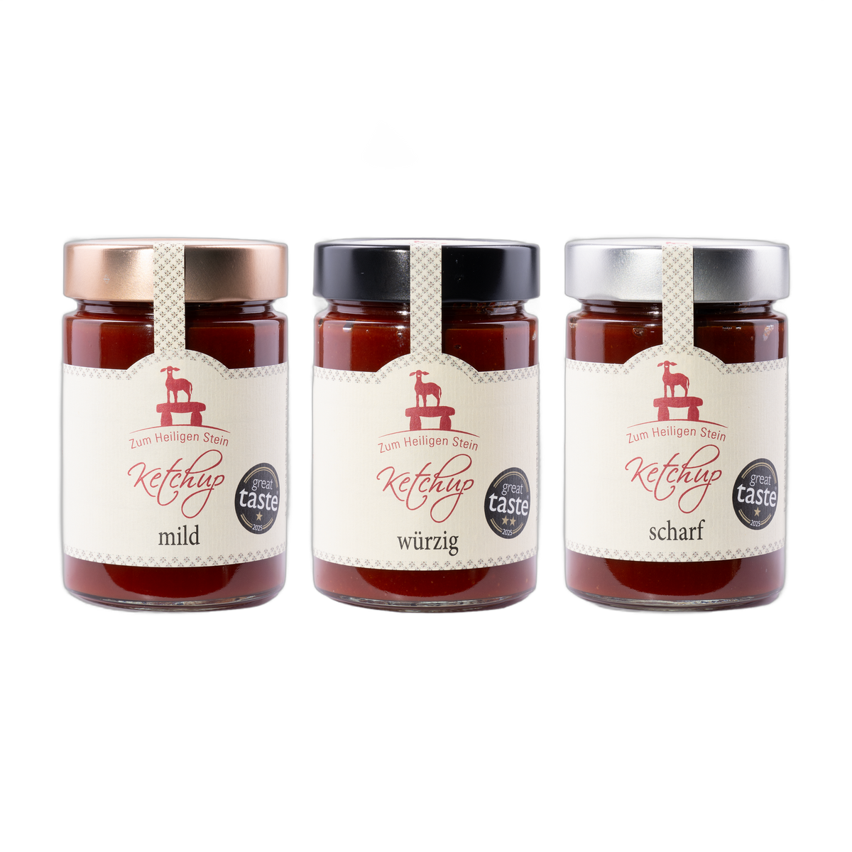 Zum Heiligen Stein Ketchup 3er-Set – mild, würzig und scharf, 3 × 400 g